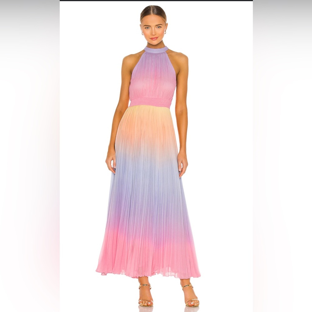 Rococo Sand Purple and Orange Pleated Halter Maxi Dress